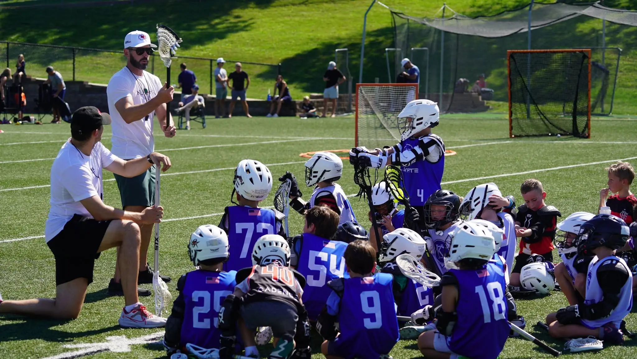 A KC Elevate coach talking with his young players on the field