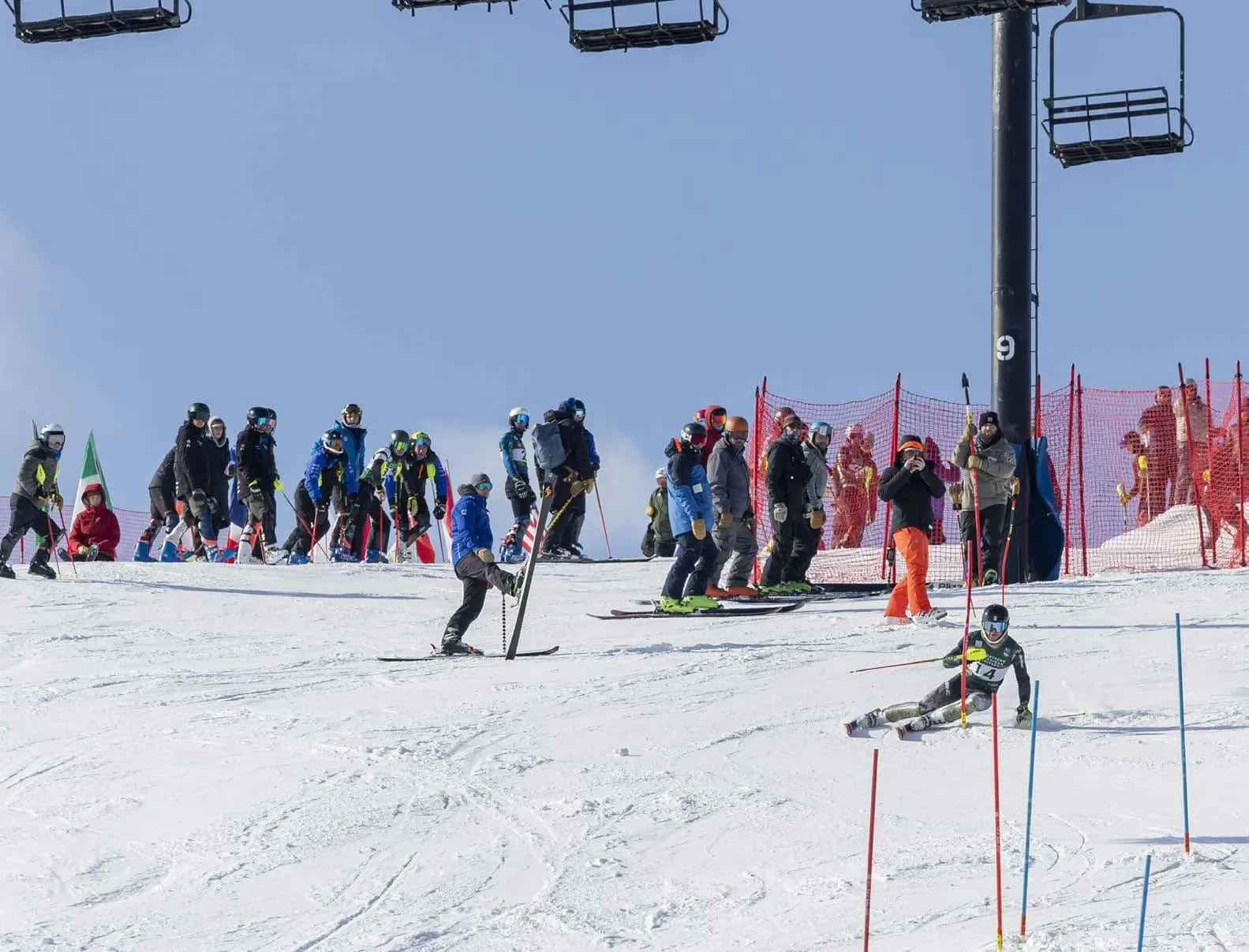 Racers and coaches at the finish of a race at Spirit Mountain